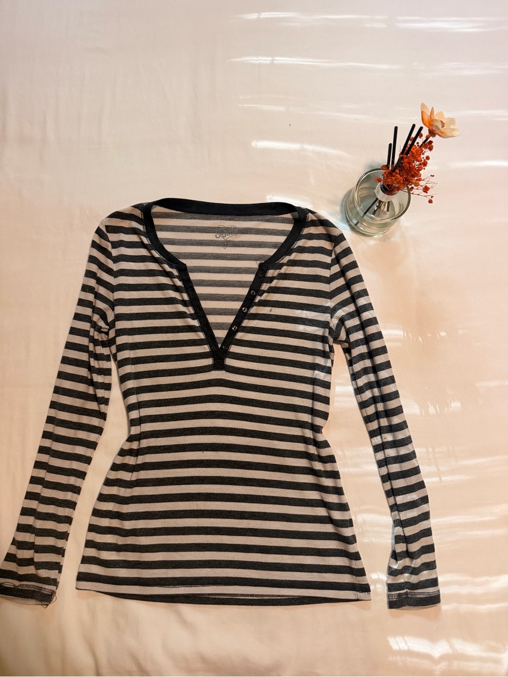 Vintage Justice Black & White Striped Long-Sleeve Henley